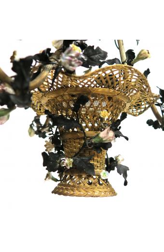 19th C French Gilt Bronze & Porcelain Basket Chandelier