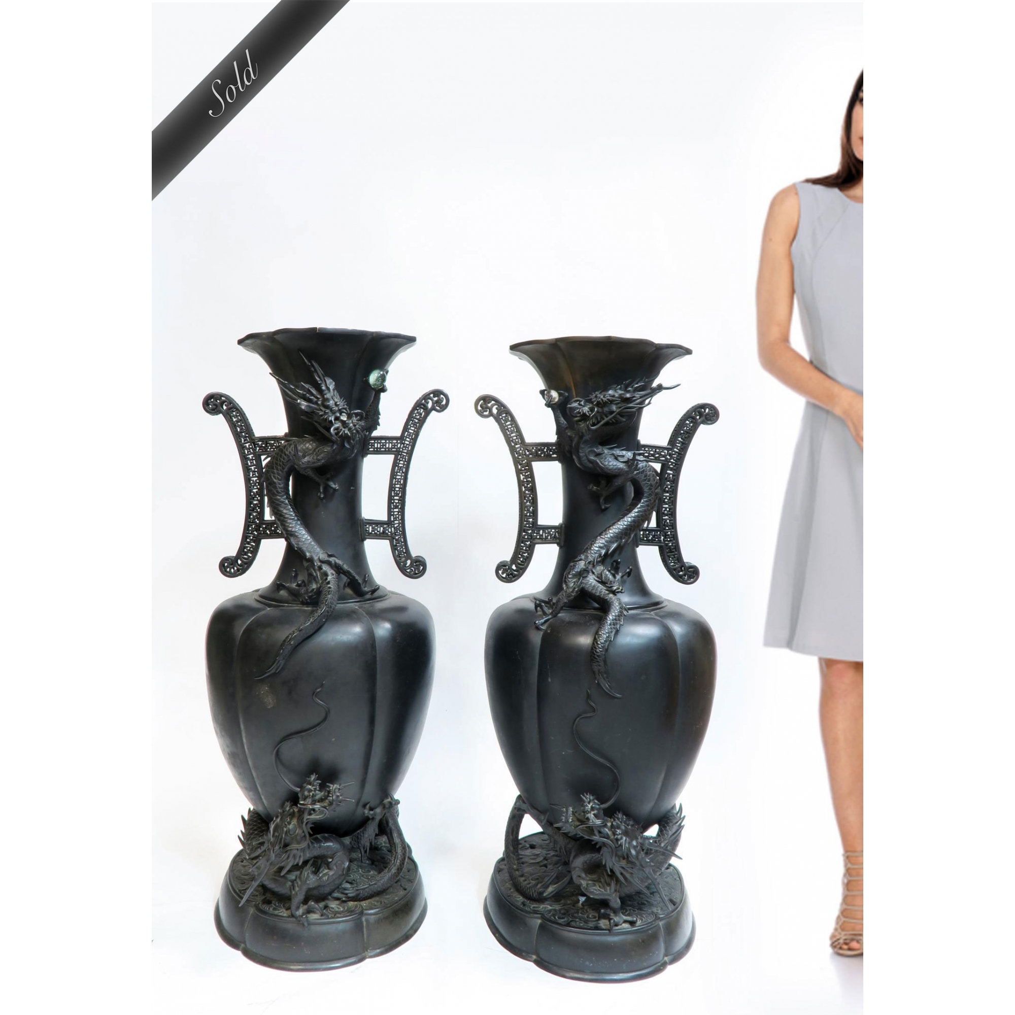 A PAIR OF JAPANESE BRONZE DRAGON FLOOR VASES