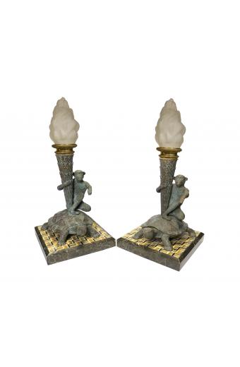 Pair Of Italian Figural Patinated Bronze Candelabra Mounted Pietra Dura Marble