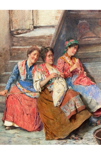 Augusto Daini (1860-1920 Italian) Interior Scene With Peasant Women and Monk