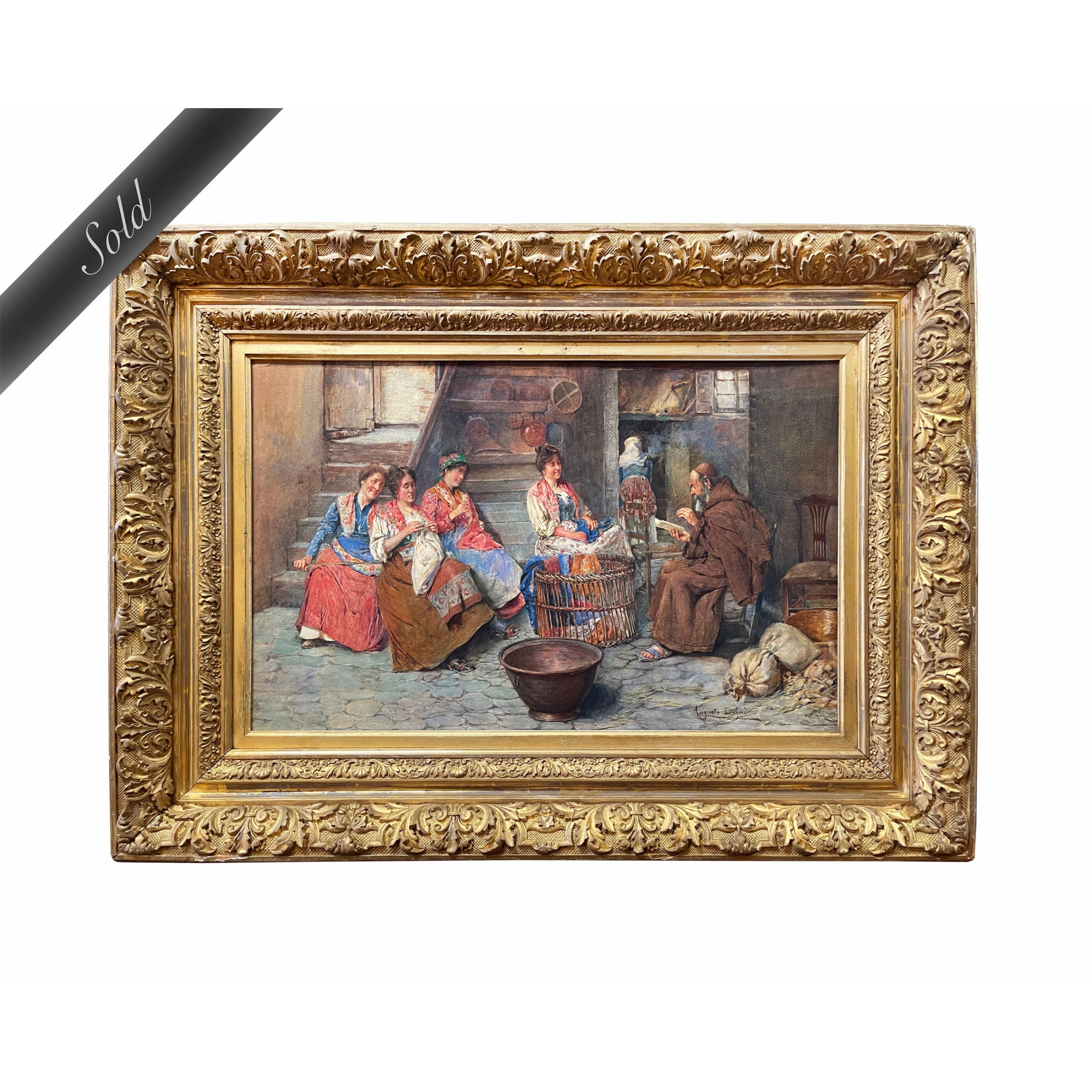 Augusto Daini (1860-1920 Italian) Interior Scene With Peasant Women and Monk