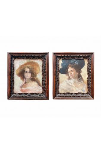 Pair of 19th C. French Pastel Portrait Of Beautiful Young Women With Carved Wood Frames
