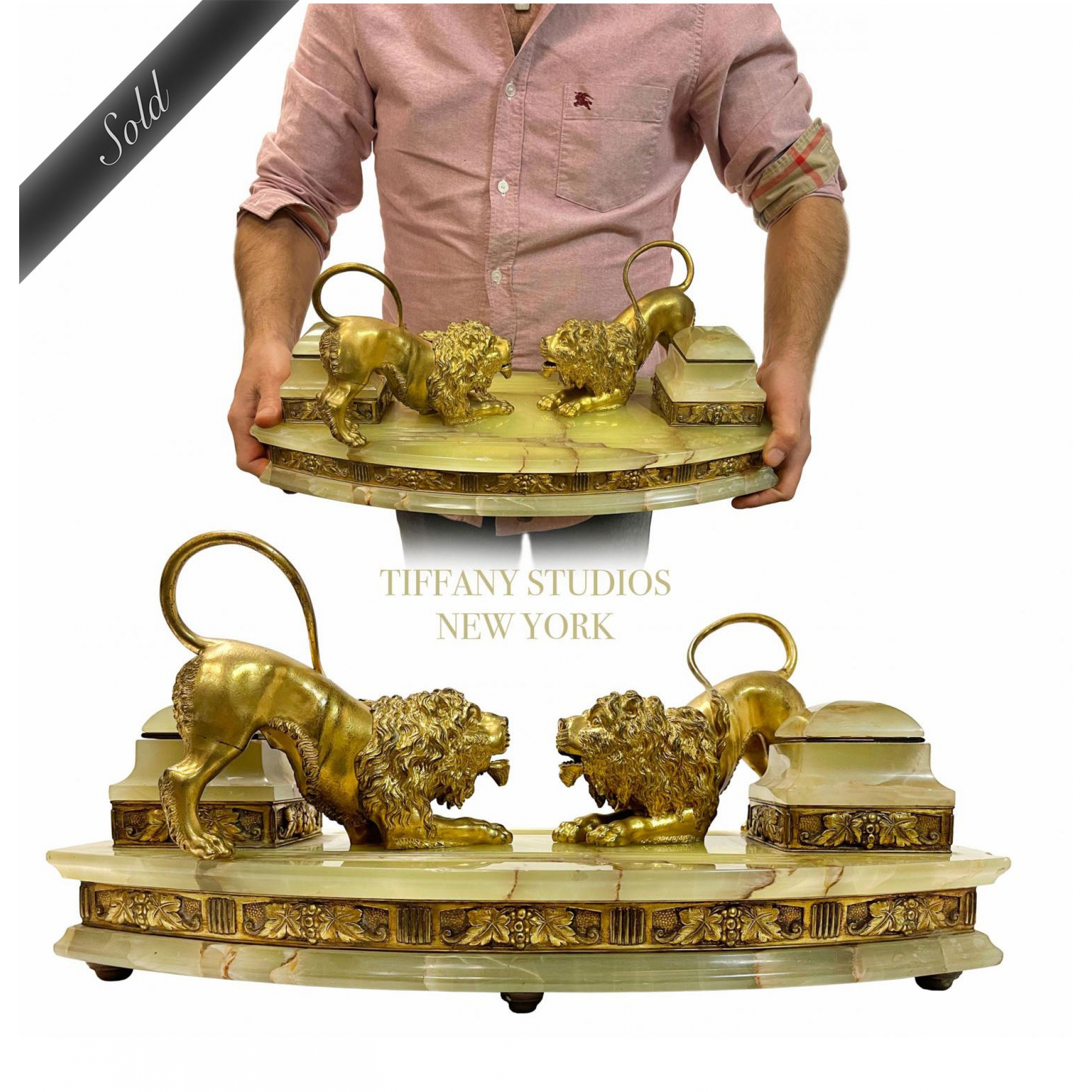 An Important 19th C. Tiffany Studios Gilt Bronze & Onyx Inkwell